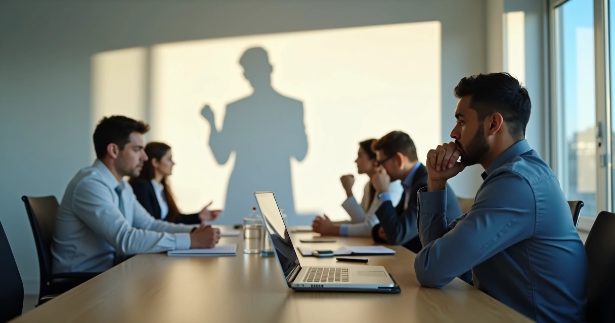 Coworker seeing anxious shadow projection during office meeting 
