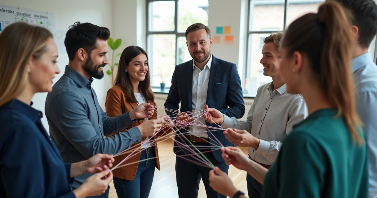 Coworkers standing in a circle, connecting string between each other, representing interconnected systemic thinking 