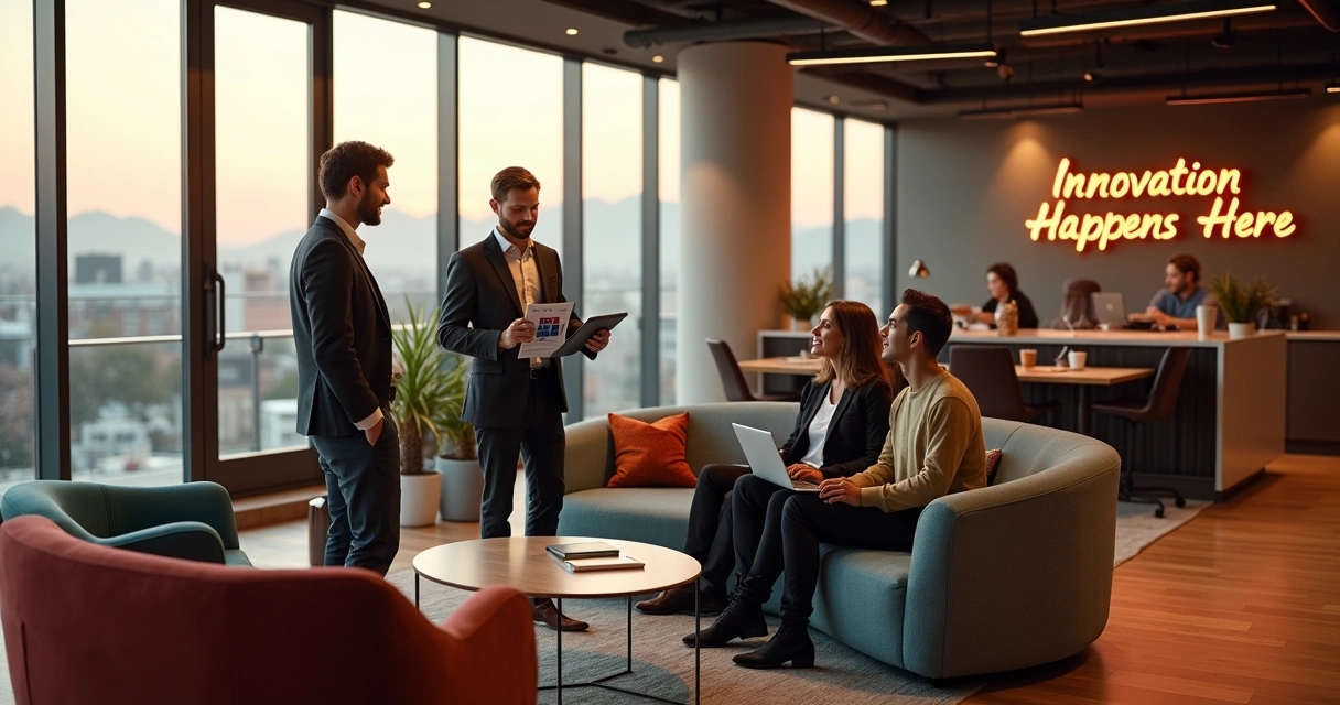Profissionais variados em área de convivência elegante de coworking moderno 