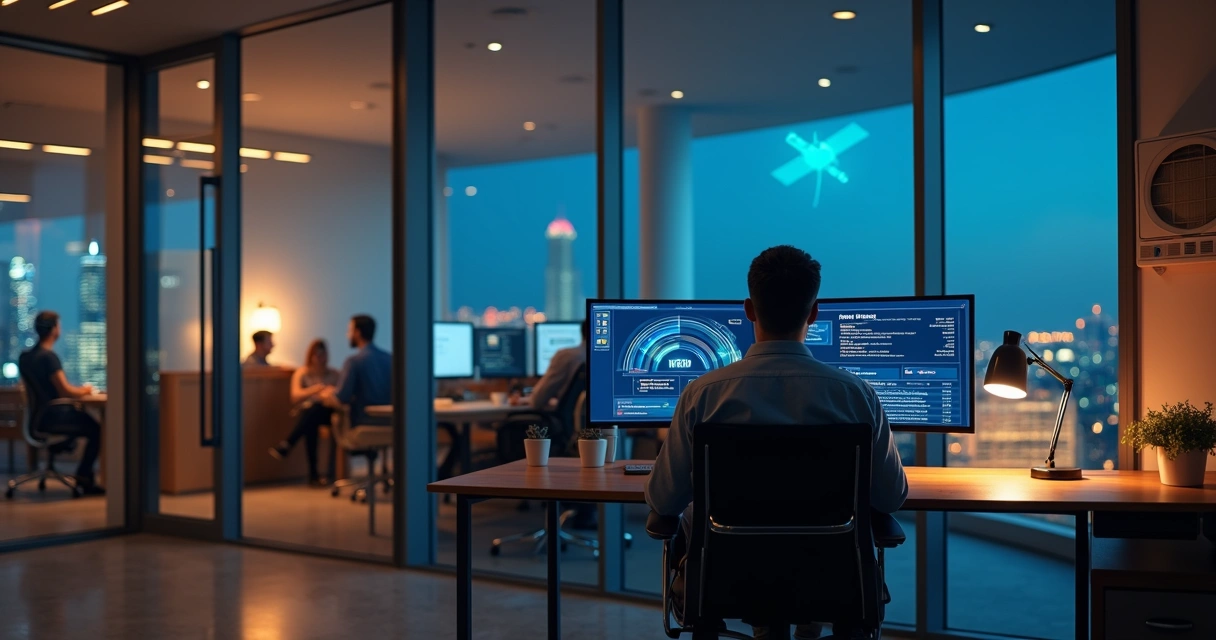 Profissional em sala privativa de coworking com conexão de internet via satélite em tela de monitor 