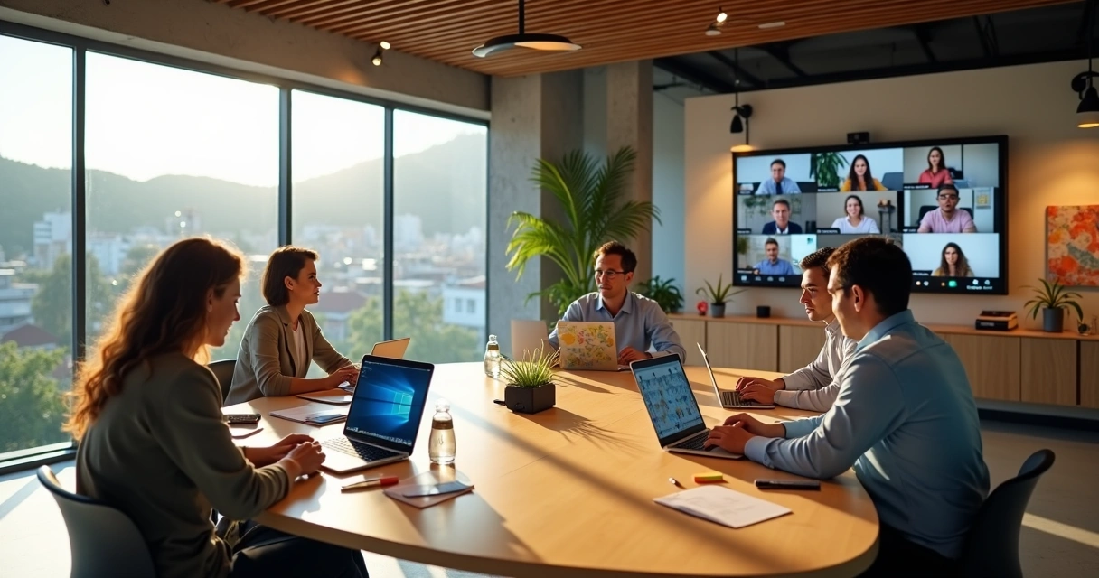 Mesa de coworking em Betim com grupo em videoconferência híbrida 