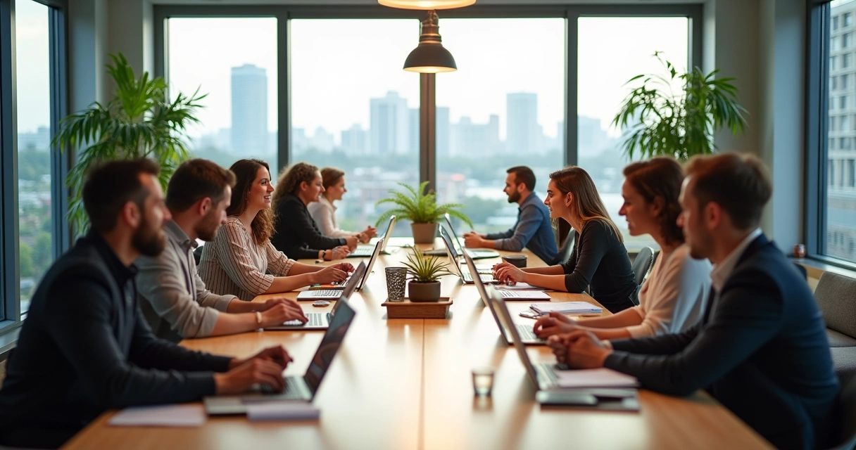 Coworking com empresários conectados em uma mesa compartilhada 