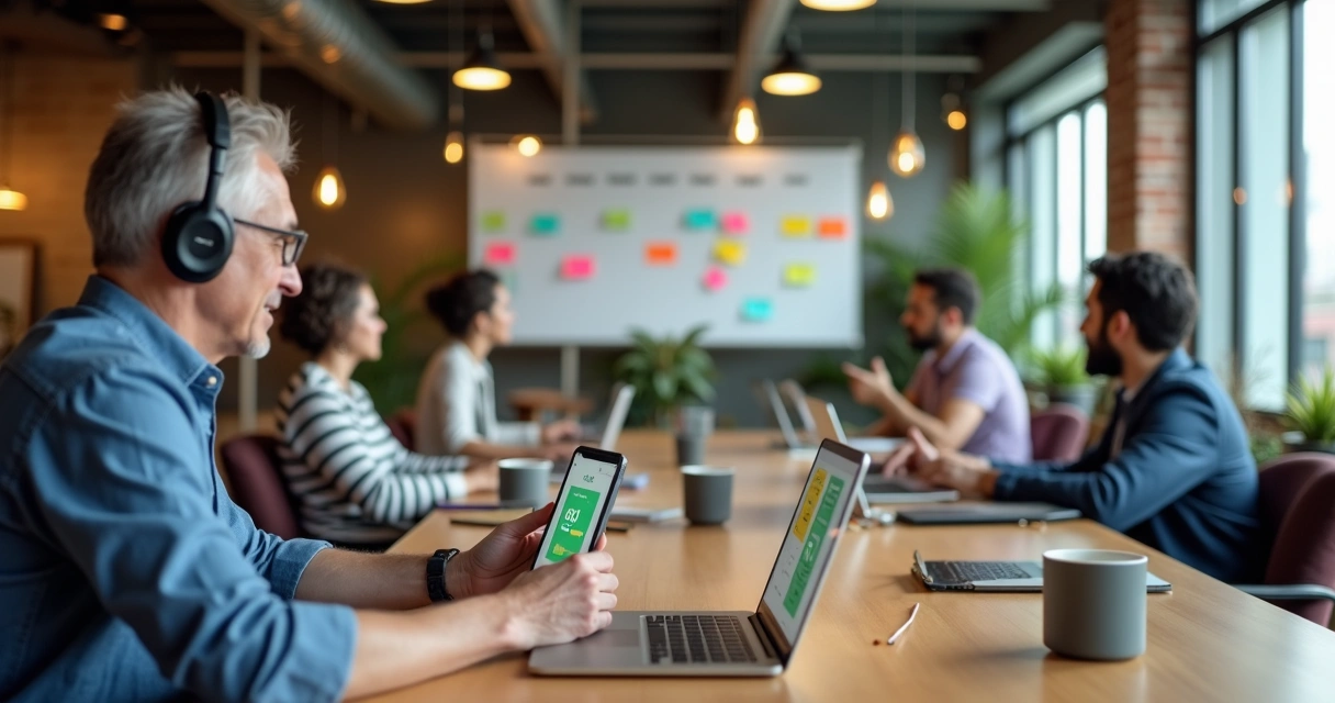 Equipe em coworking com mural de horários e aplicativo de ponto aberto em tablets 