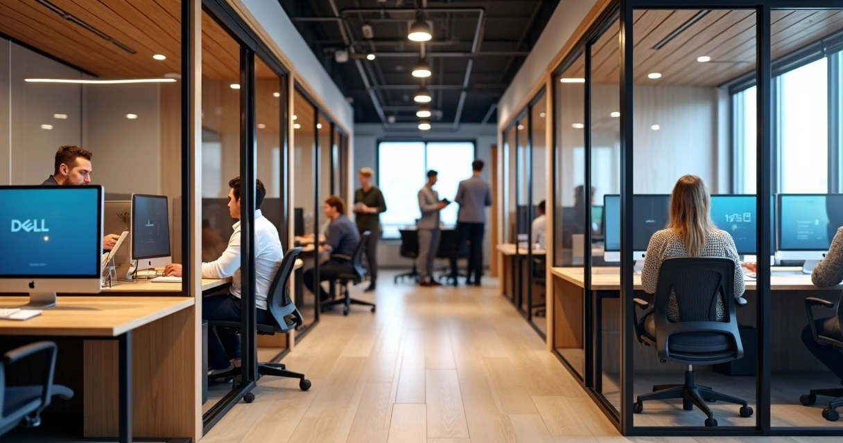 Ambiente de coworking com salas privativas divididas usando móveis e divisórias modernas 
