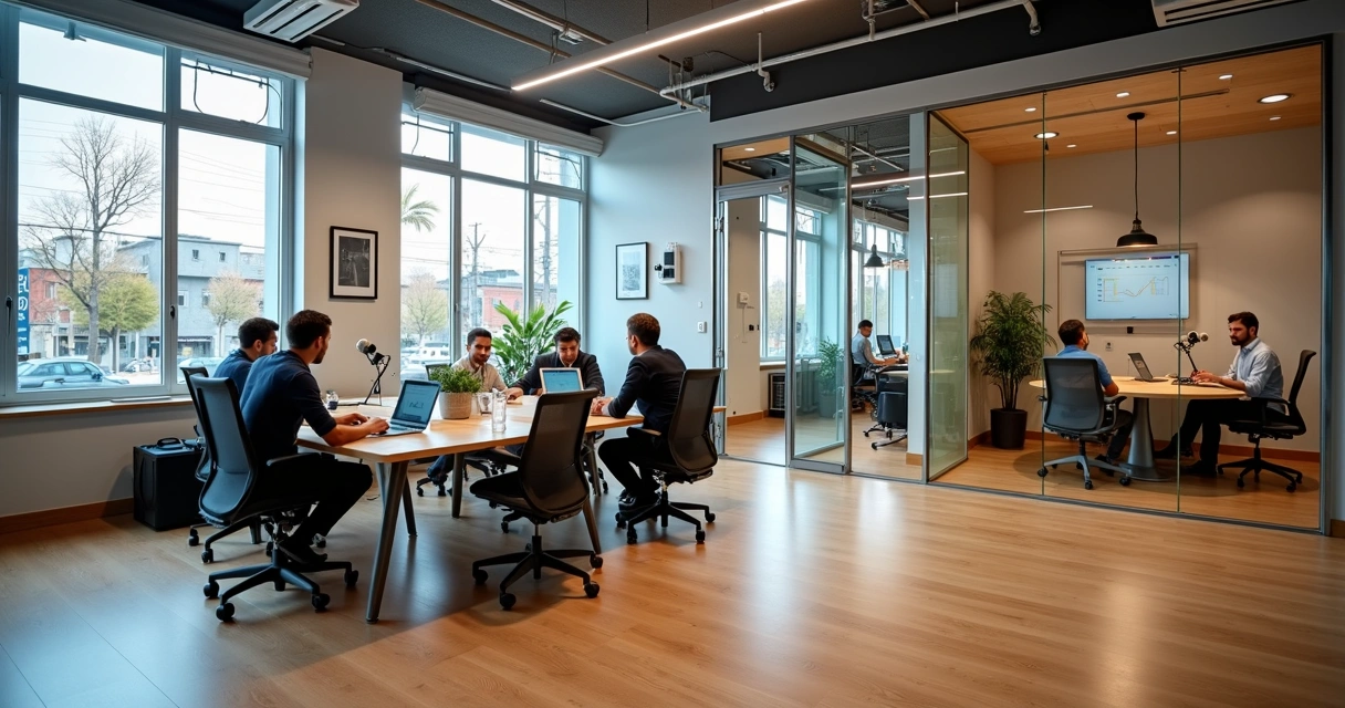 Ambiente de coworking moderno com salas envidraçadas e profissionais trabalhando em Betim 