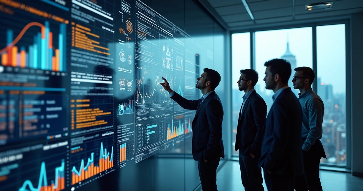 Equipe de profissionais de tecnologia analisando dados em tela grande 