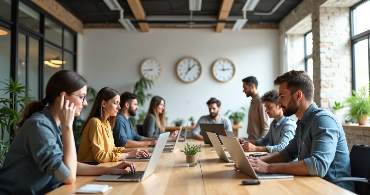 Profissionais trabalhando em coworking com celulares e notebooks registrando ponto digital 