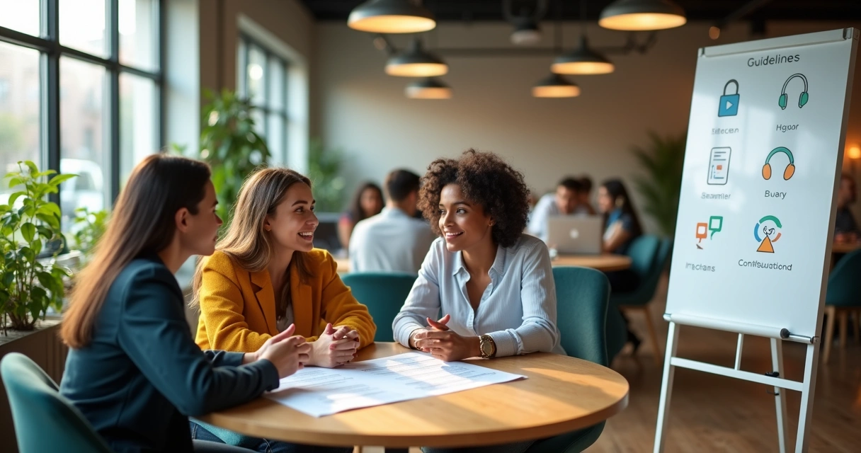 Profissionais em coworking conversando sobre regras éticas de convivência 
