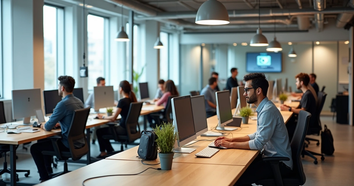 Profissional usando hot desk em coworking moderno com mesas compartilhadas 