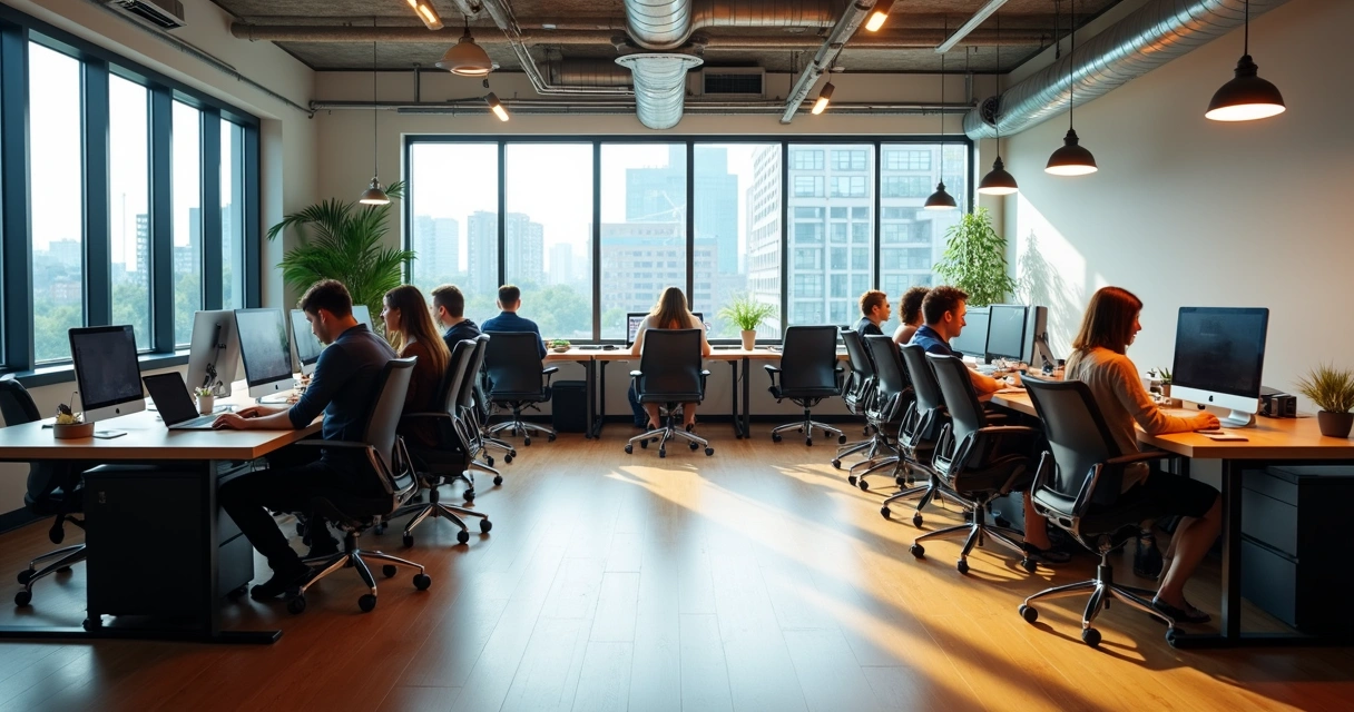Ambiente de coworking moderno com mesas compartilhadas, cadeiras ergonômicas e pessoas trabalhando com computadores 