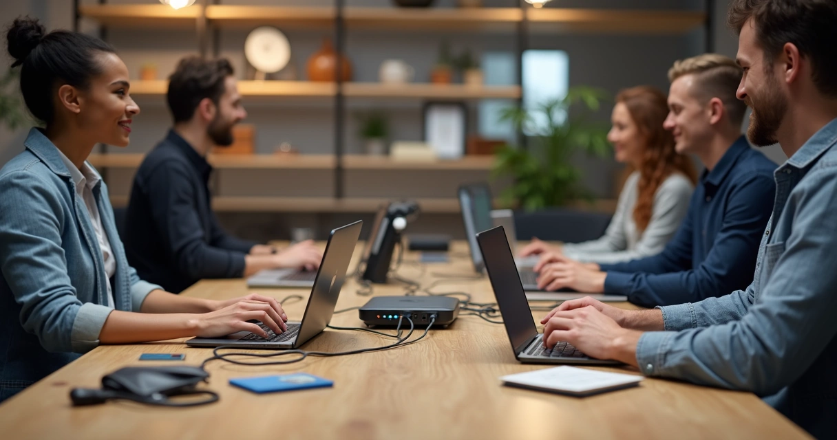 Cabos de rede conectados a equipamentos em uma mesa de coworking 
