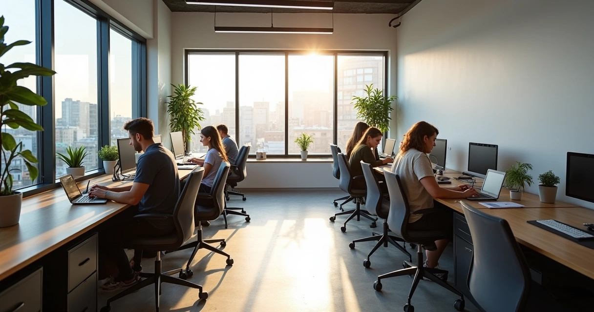 Mesas coletivas em coworking organizadas com pessoas concentradas trabalhando 