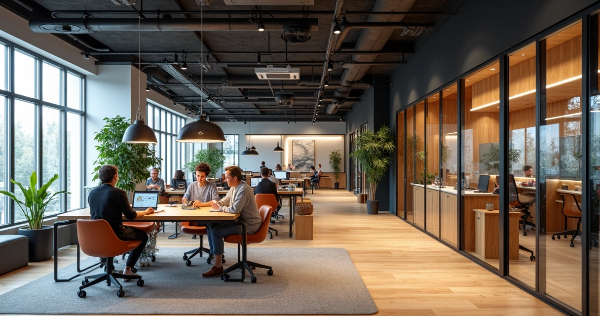 Ambiente de coworking em Betim com salas privativas e mesas compartilhadas 