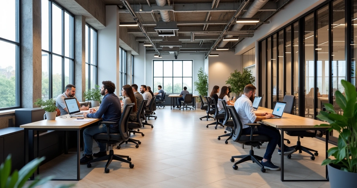 Ambiente coworking moderno com mesas compartilhadas, computadores e pessoas em reuniões 
