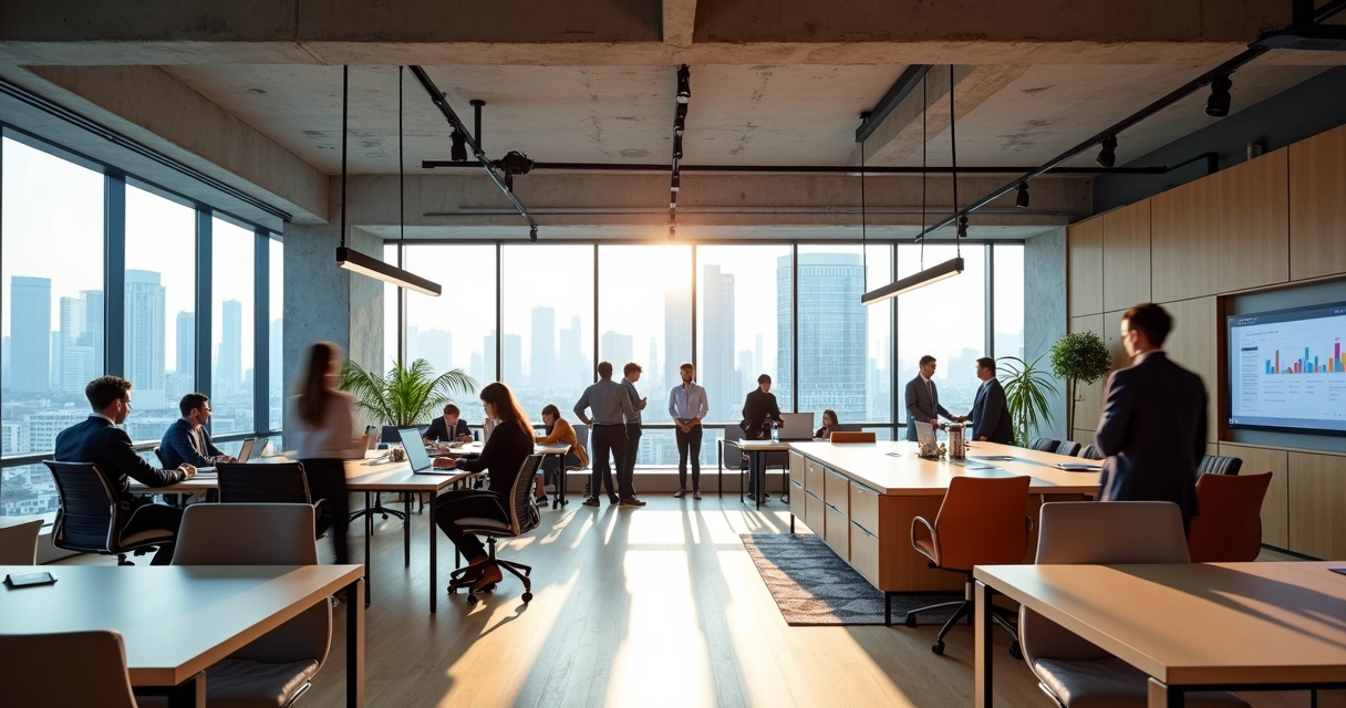 Coworking amplo e moderno com área de convivência e estações de trabalho abertas 