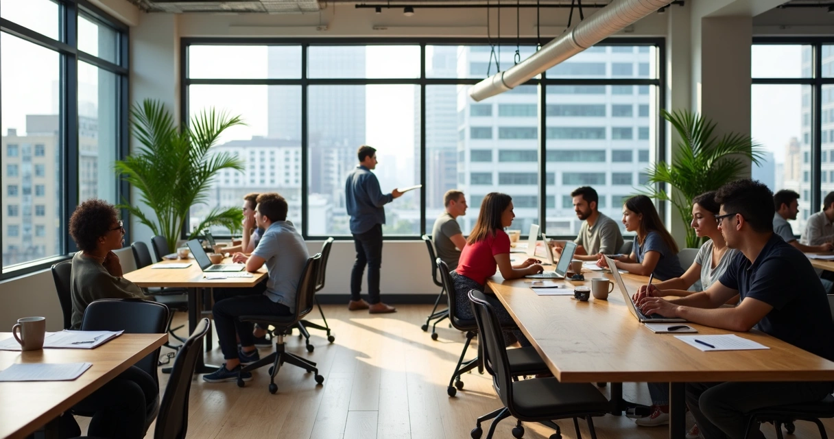 Coworking moderno com pessoas trabalhando em mesas compartilhadas 