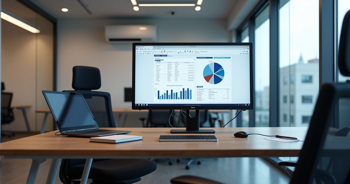 Sala privativa de coworking moderna com monitor Dell em mesa organizada 