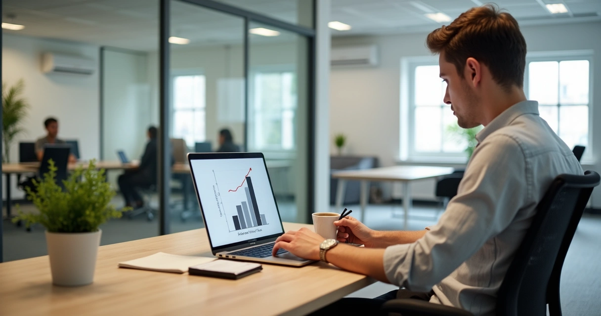 Profissional analisando economias em gráfico enquanto trabalha em sala privativa de coworking 