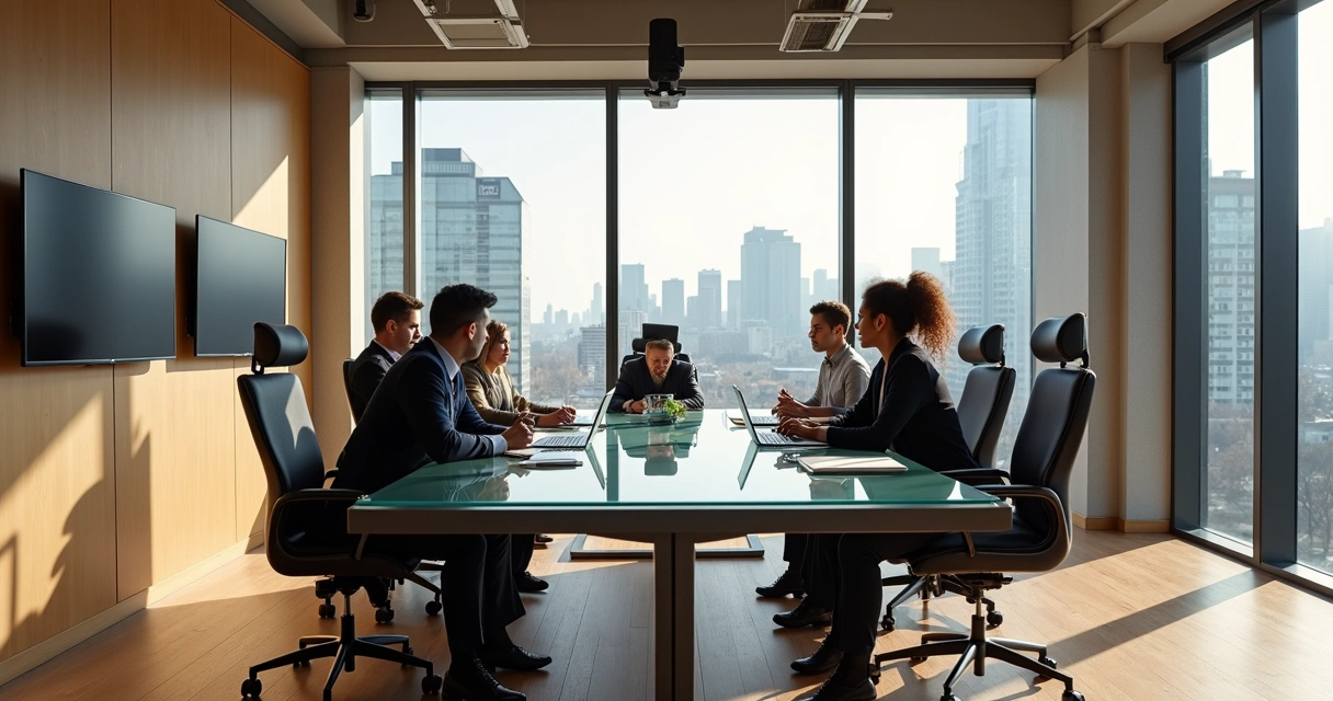 Sala de reunião moderna em coworking com equipamentos tecnológicos 