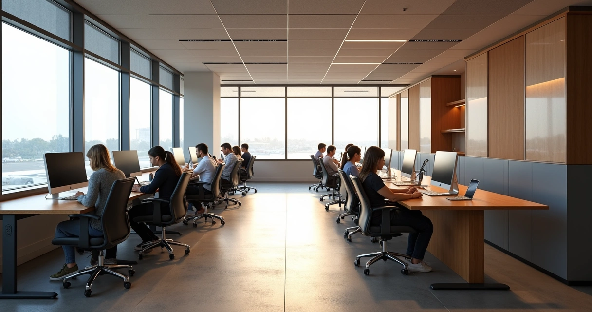 Espaço coworking em sala vip Congonhas com mesas, poltronas e computadores 