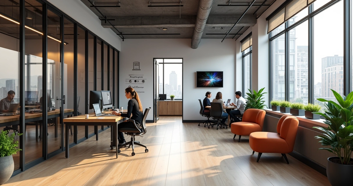 Visão ampla de espaço de coworking com diferentes áreas de trabalho usadas ao mesmo tempo 