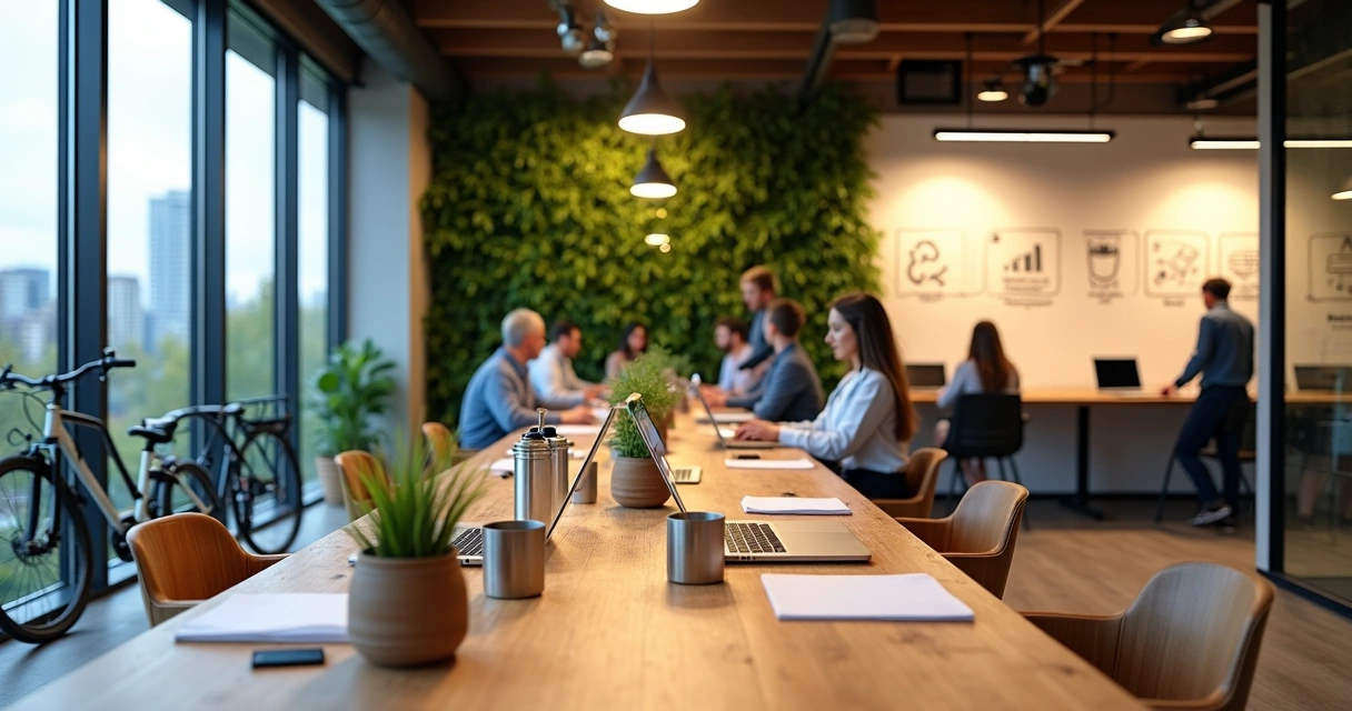 Mesa compartilhada de coworking com plantas e luz natural enfatizando sustentabilidade 