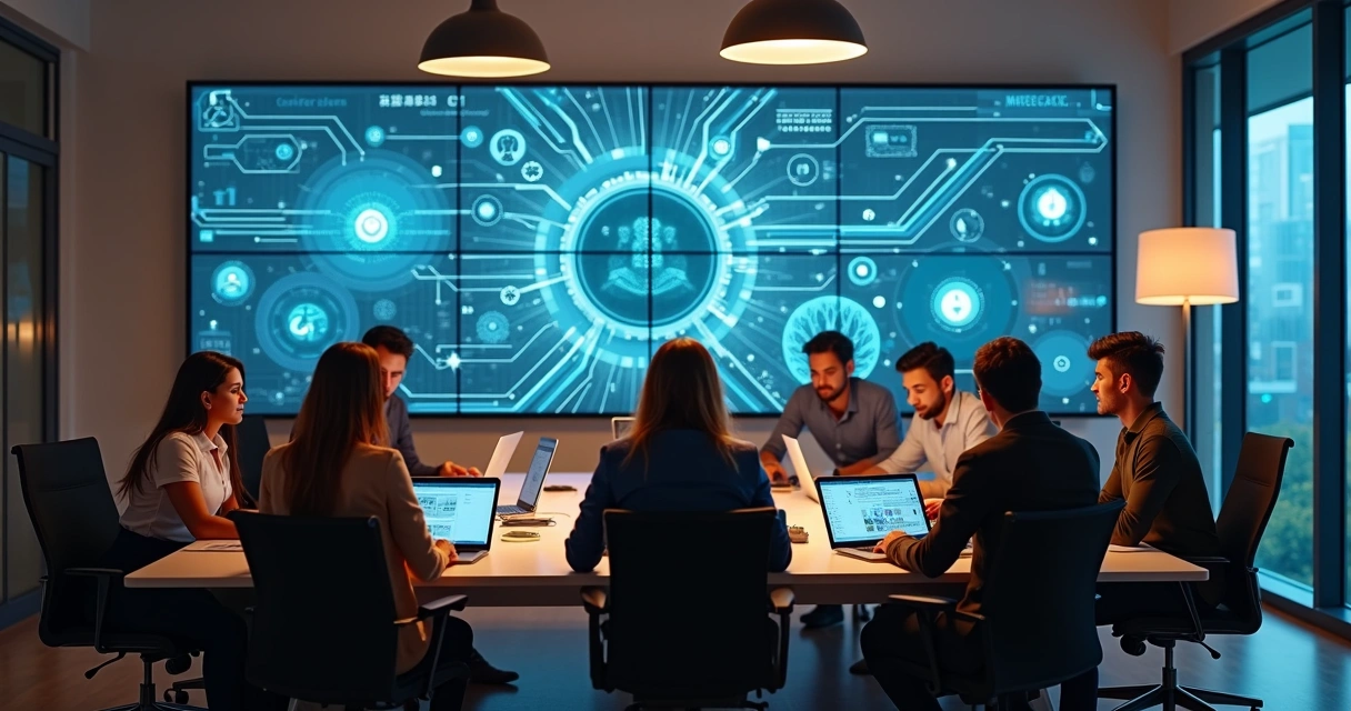 Profissionais em coworking com telas digitais e ambiente moderno 