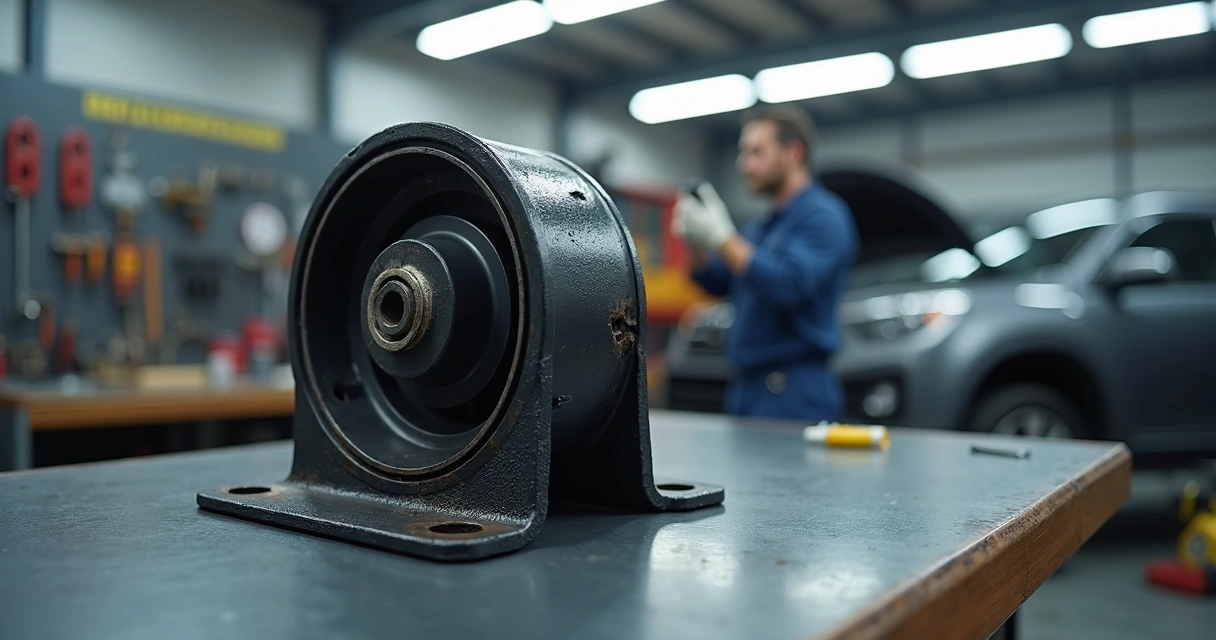 Coxim do motor danificado com partes rachadas e desgastadas em oficina mecânica 