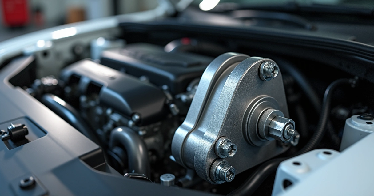 Detalhe fotorealista de coxins de motor automotivo instalados no compartimento do motor, com textura metálica e borracha, em alta resolução 