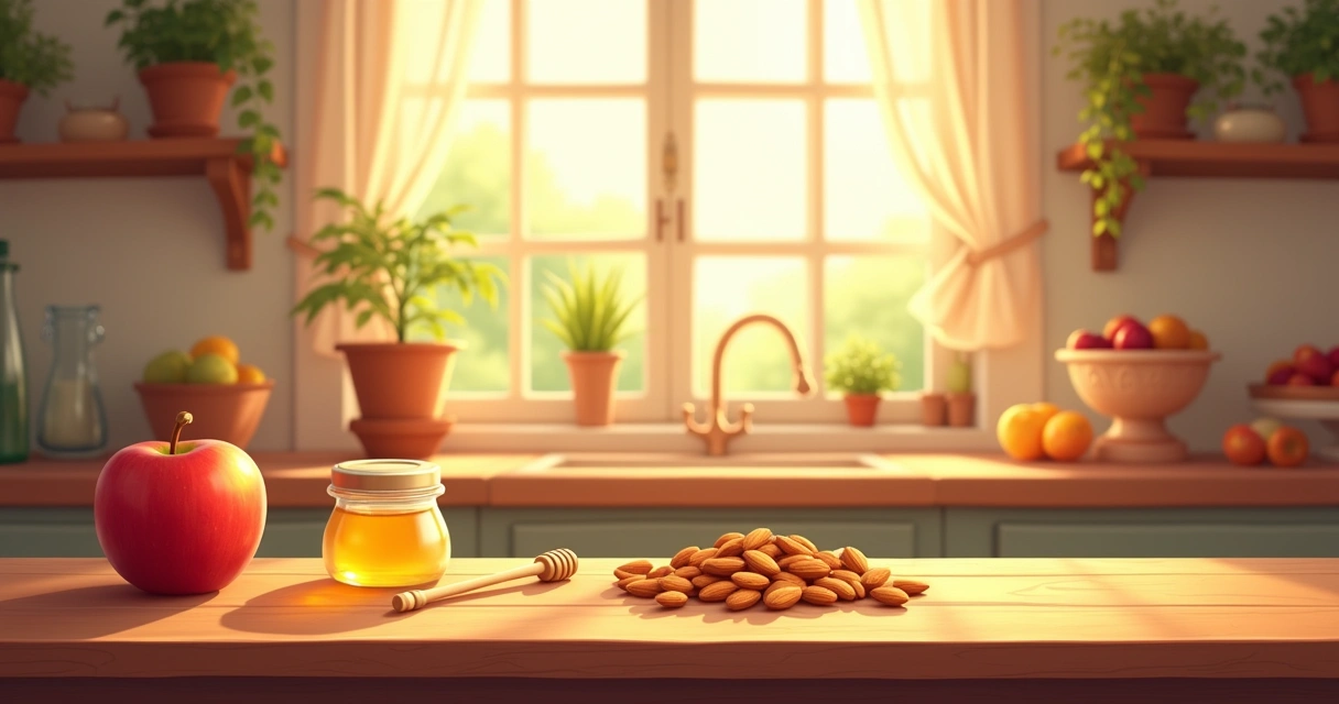 Ilustração de uma cozinha acolhedora, com maçã, mel e amêndoas sobre uma mesa de madeira.