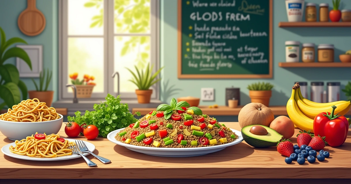 Mesa de cozinha com pratos saudáveis sem glúten, incluindo salada de quinoa, frutas e massas.