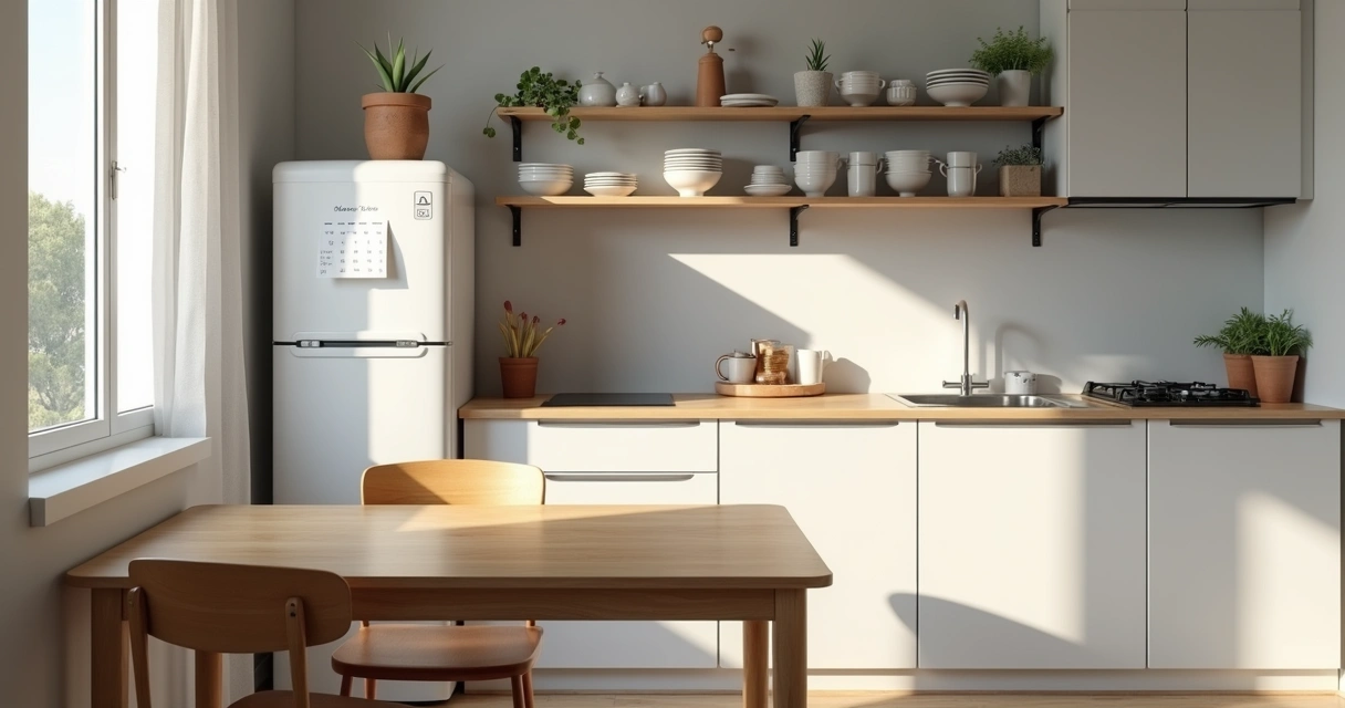 Cozinha organizada de apartamento compartilhado com mesa e utensílios 