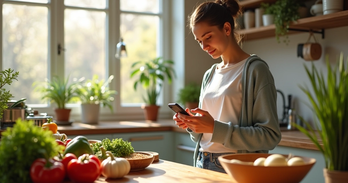 Pessoa usando aplicativo de receitas na cozinha