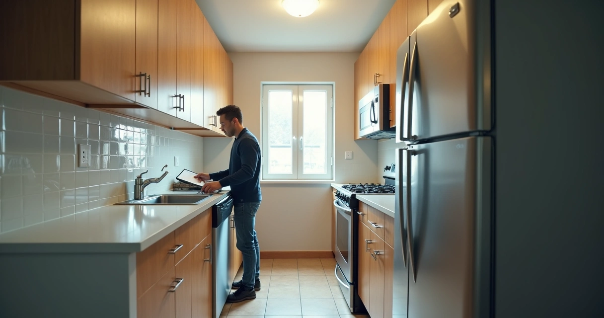 Cozinha compartilhada com itens sendo conferidos em vistoria 