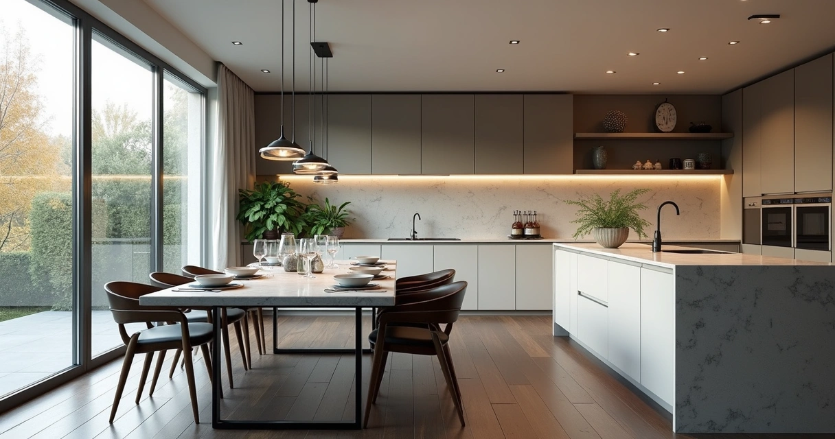 Cozinha integrada com banca de granito e backsplash de vidro 