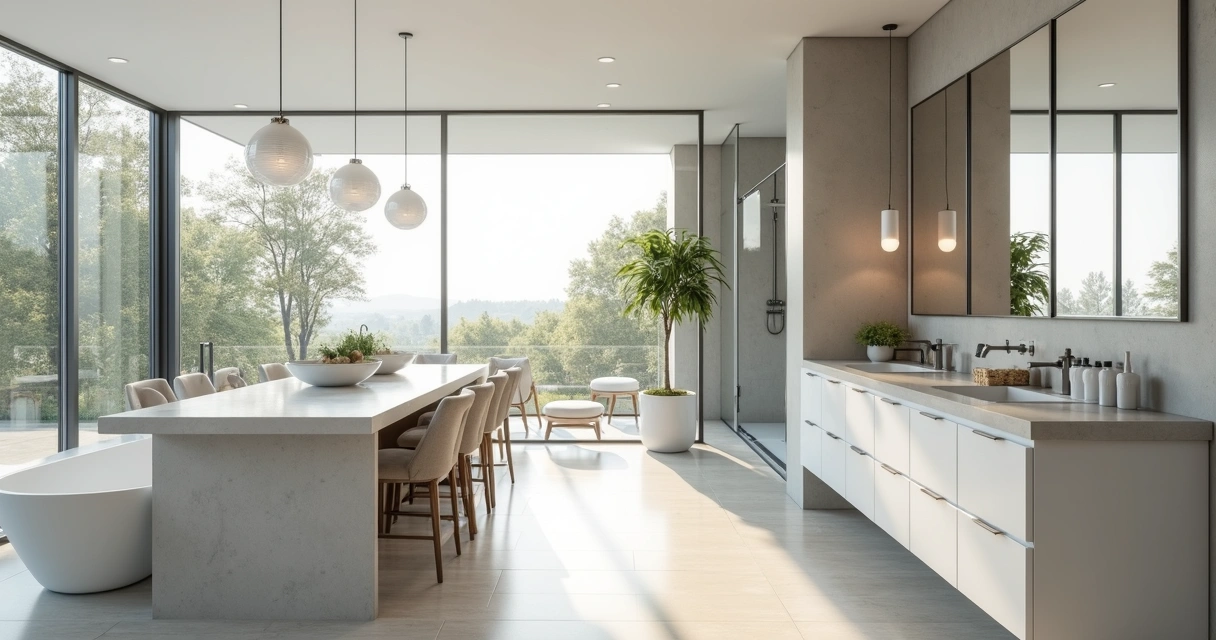 Cozinha moderna e banheiro renovado com decoração clean 