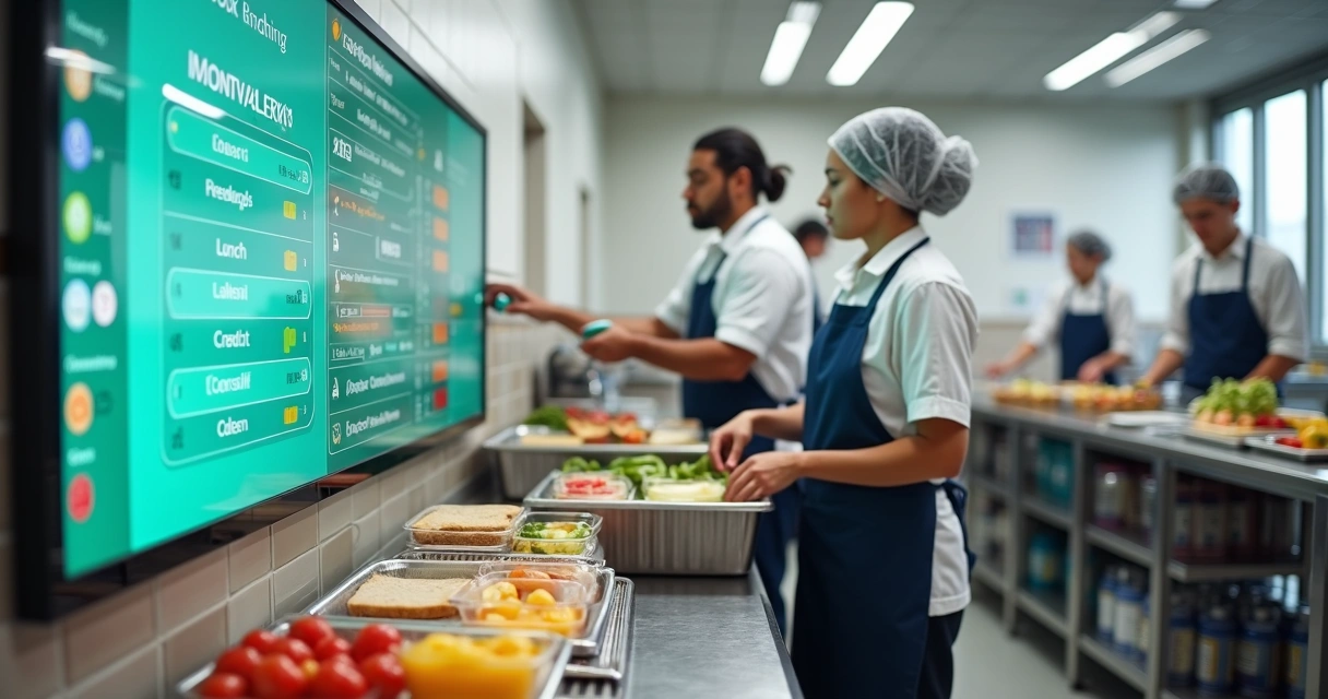 Equipe de cozinha de cantina escolar usando painel digital de gestão ao lado de alimentos saudáveis 