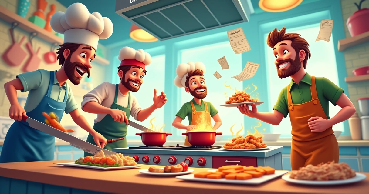 Cena caótica de cozinha com quatro chefs animados preparando pratos em um ambiente vibrante.