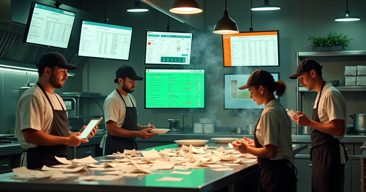 Cozinha de delivery movimentada com telas de pedidos confusas na parede 