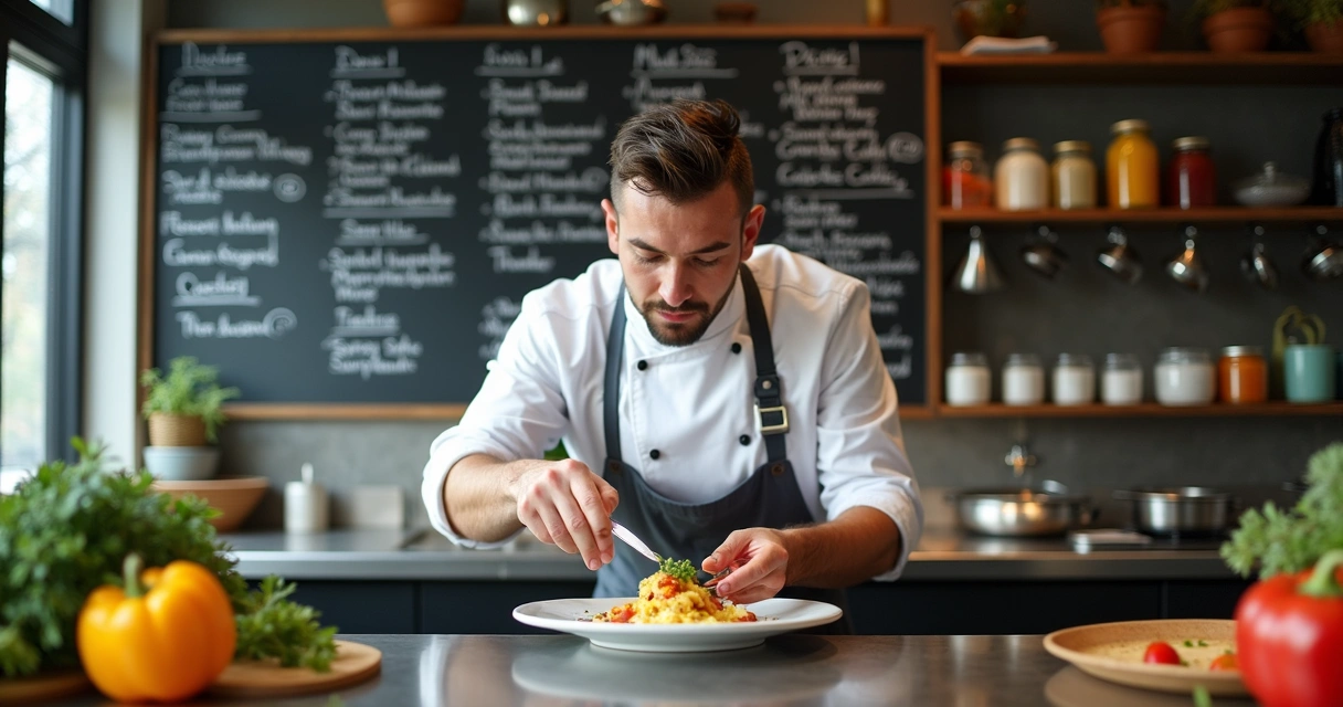Cozinheiro preparando prato no restaurante com cardápio ao fundo