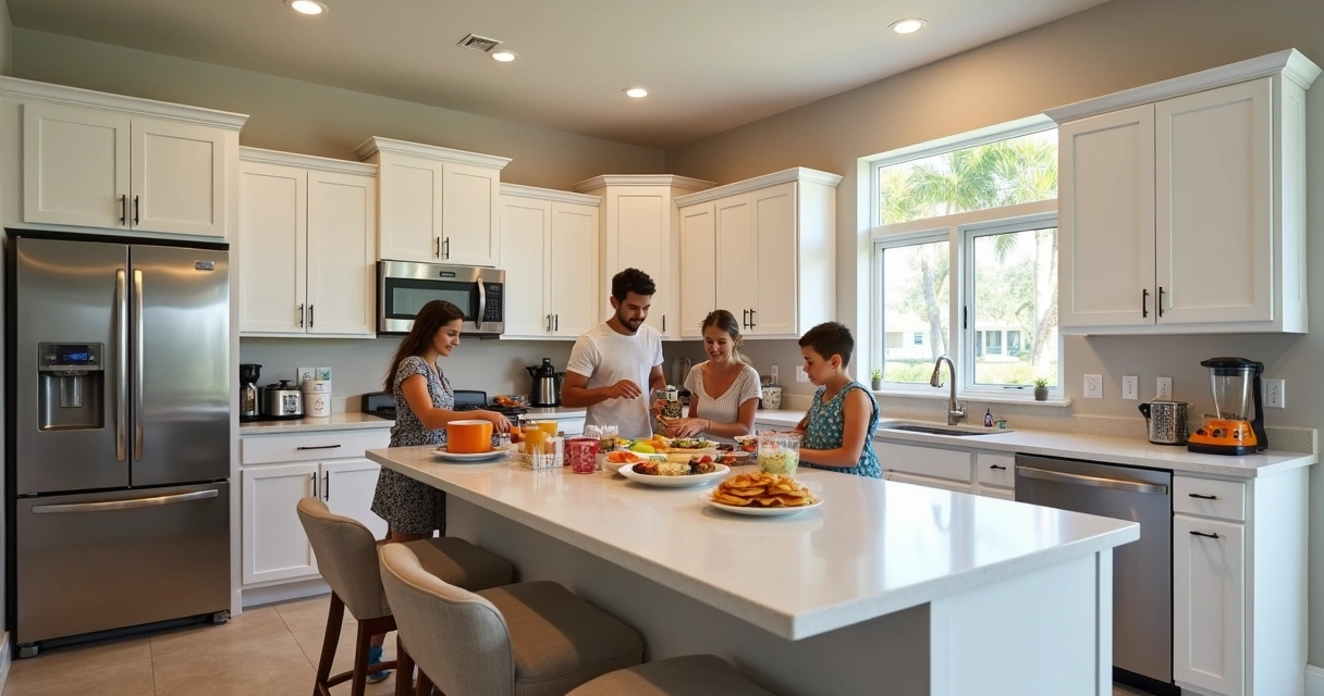Cozinha moderna e equipada em casa de temporada em Orlando, com família brasileira preparando refeição antes de ir aos parques 