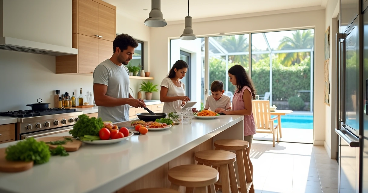 Família cozinhando em cozinha moderna de casa de temporada em Orlando 