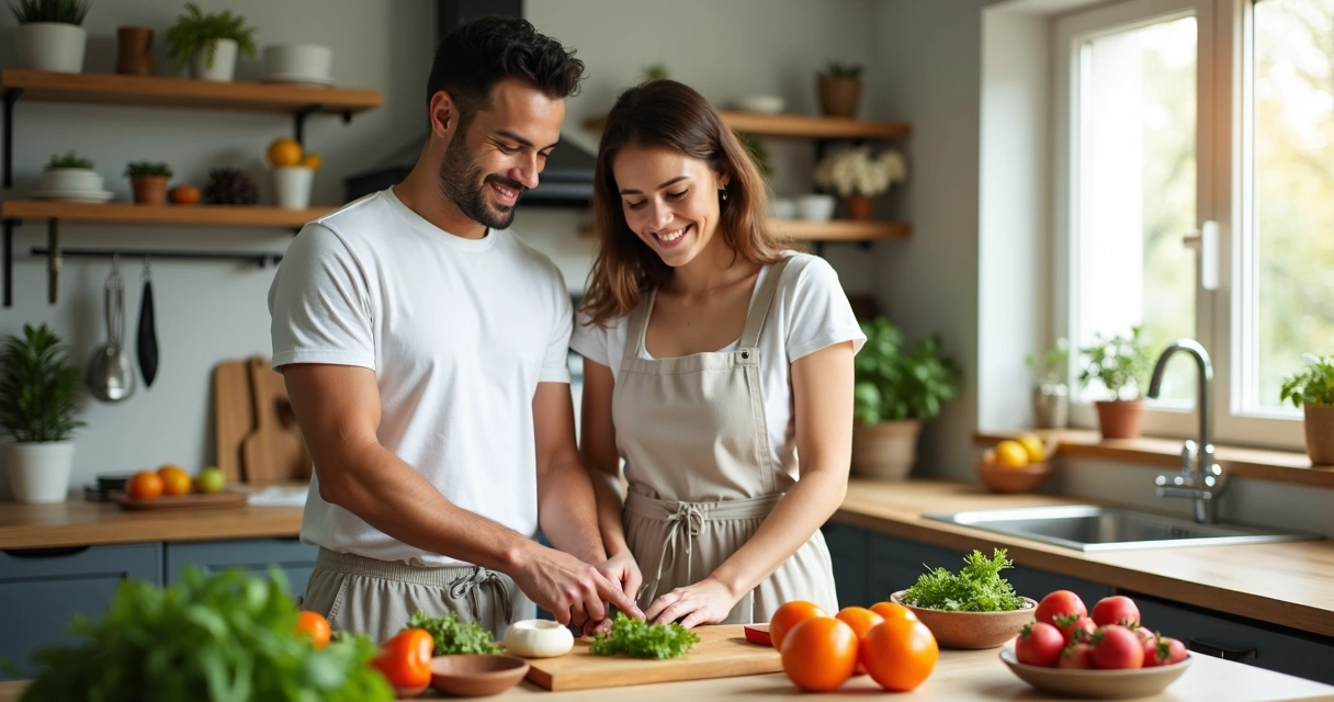 Lista de compras inteligente para economizar mais a dois 2 Casal cozinhando juntos na cozinha