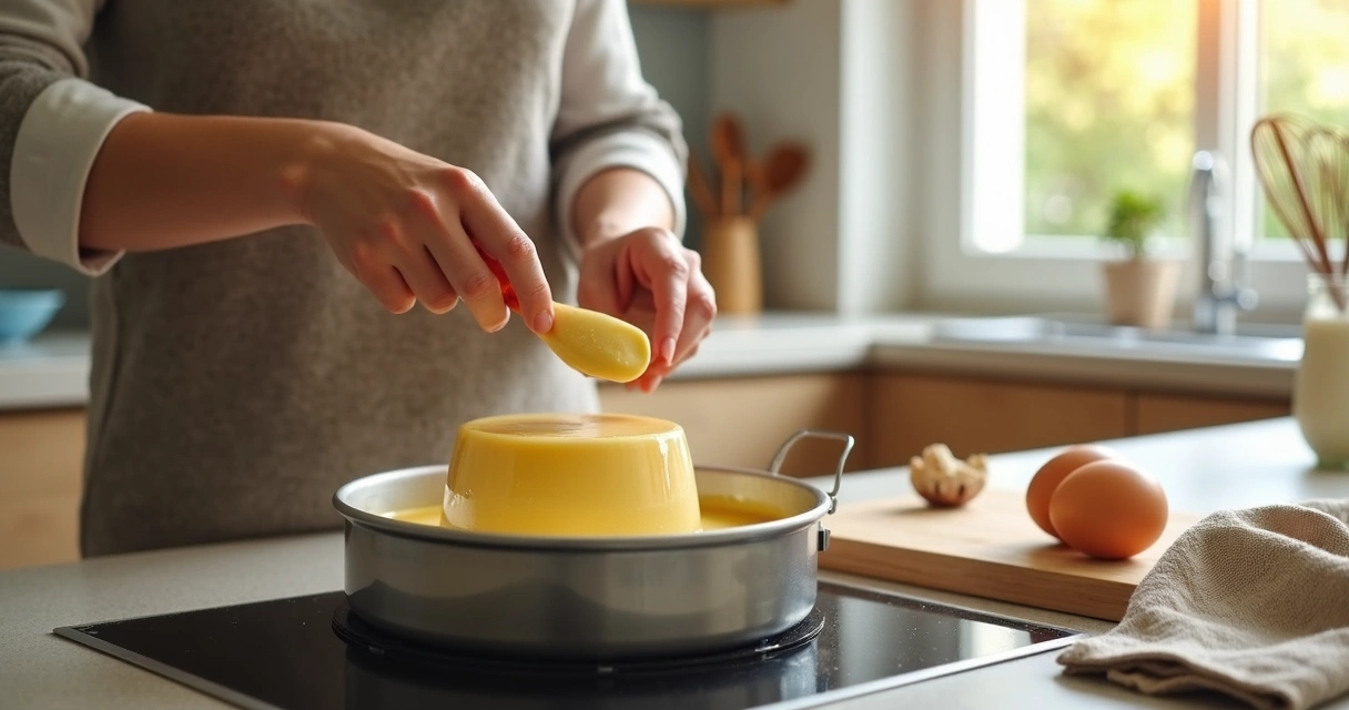 Cozinheira preparando pudim em banho-maria na cozinha residencial 
