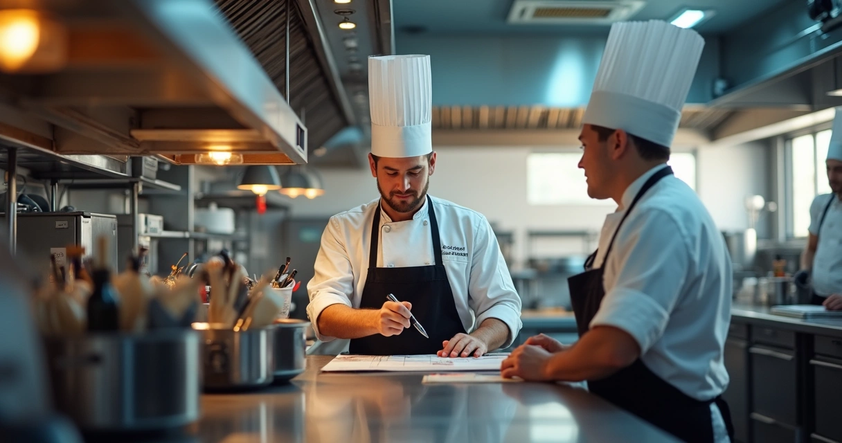 Chef de cozinha fazendo checklist na cozinha cedo 