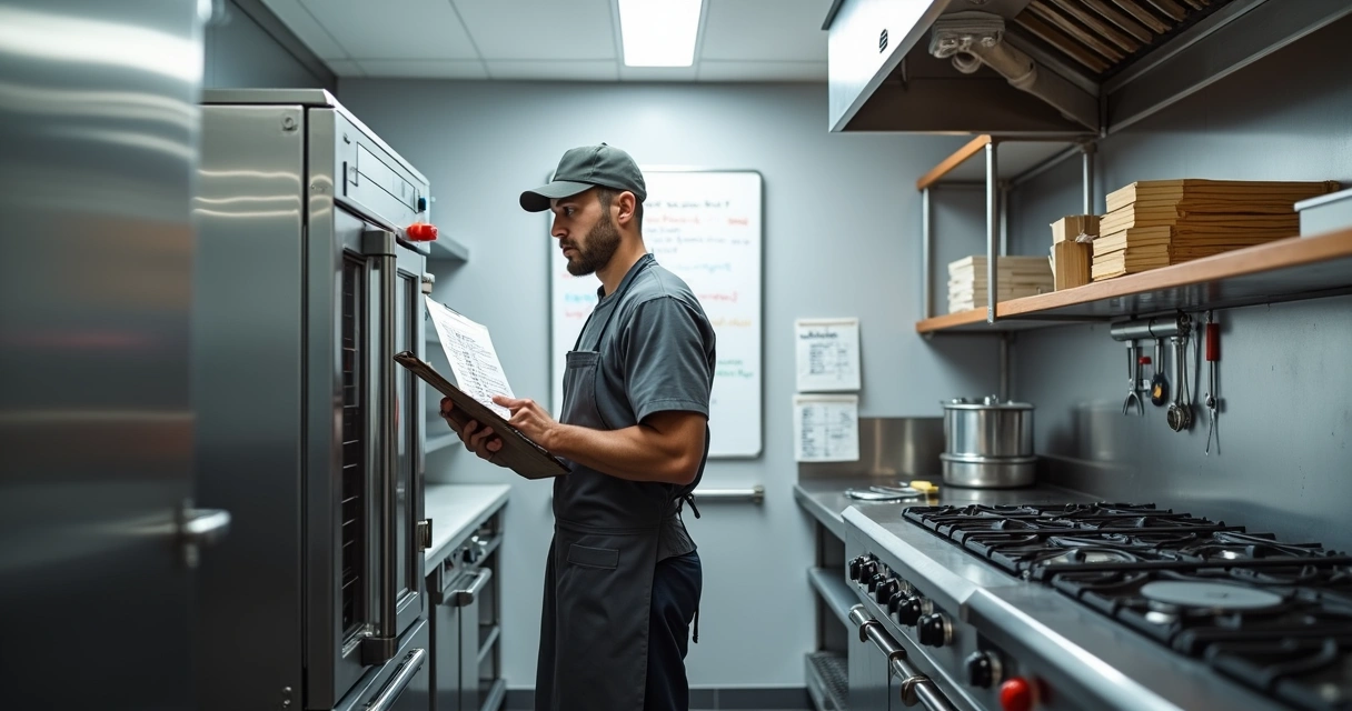 Funcionario verificando checklist de manutenção em cozinha de delivery 