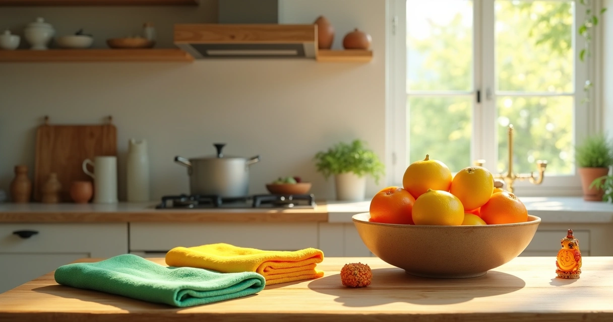 Cozinha colorida com frutas frescas e amuletos de prosperidade visíveis