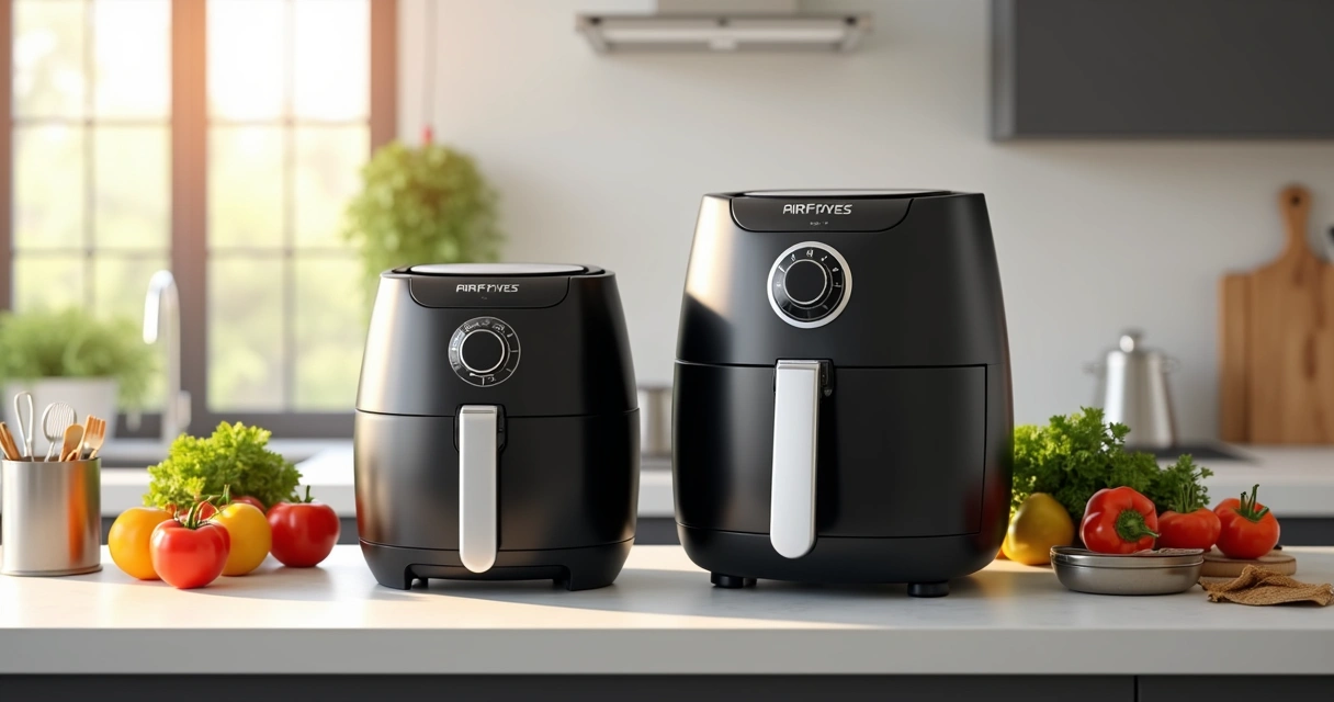 Airfryer grande e pequena lado a lado em uma bancada de cozinha 