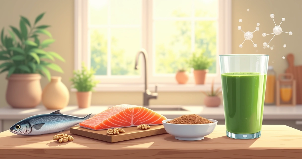 Banho de luz em uma cozinha, com salmão, sardinha, nozes e smoothie à base de linhaça, exemplificando ômega-3.