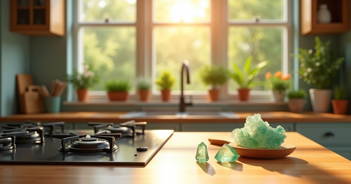 Cristais e ervas organizados em uma cozinha iluminada, transmitindo energia positiva